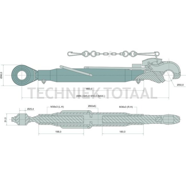 GRANIT Mechanischer Oberlenker hook/threaded spindle cat. 2/2, 645 - 910 mm