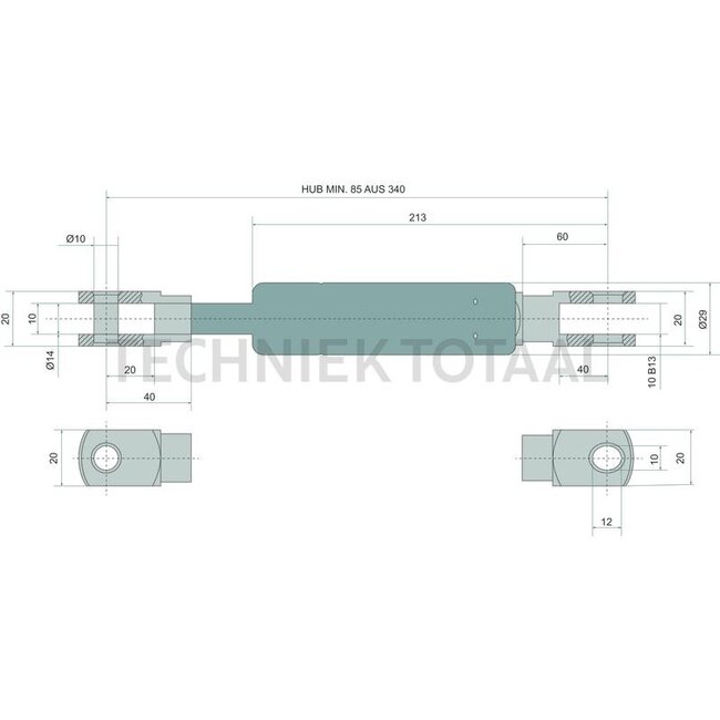 Stabilus Gasdrukveer 2850 N, 340 mm, vorm 15