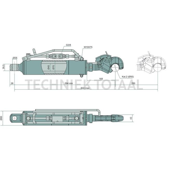 GRANIT Hydraulic top link with damping 2/25,4-2/25,4, 594-844 mm, stroke 250 mm