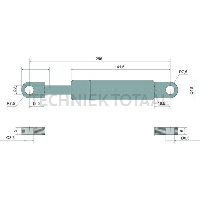 Stabilus Gasdrukveer 350 N, 256 mm, slag 80 mm