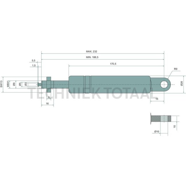 Stabilus Gasdrukveer 240 N, 232 mm, slag 46 mm John Deere | 621424, AL203553