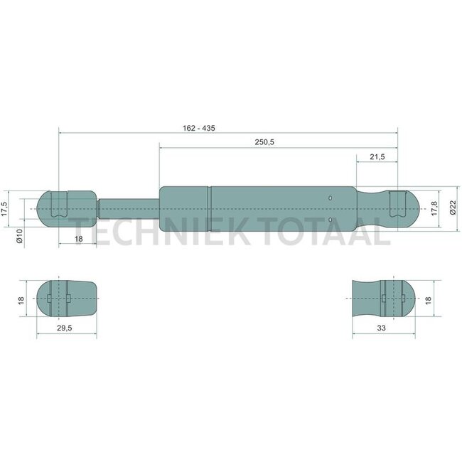 Stabilus Gasdrukveer 1200 N, 435 mm, slag 162 mm, vorm 6