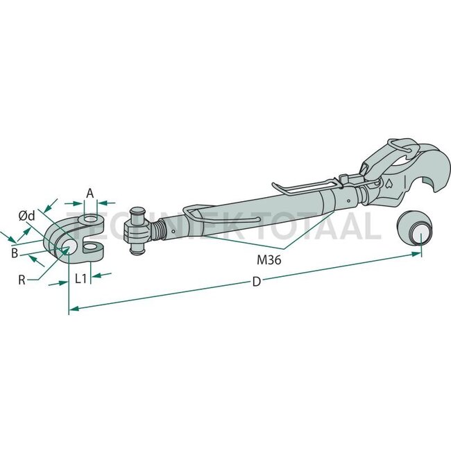 Walterscheid Topstang vanghaak/gaffelkop cat. 3/3, M36 x 3, 562 - 792 mm | 1200191