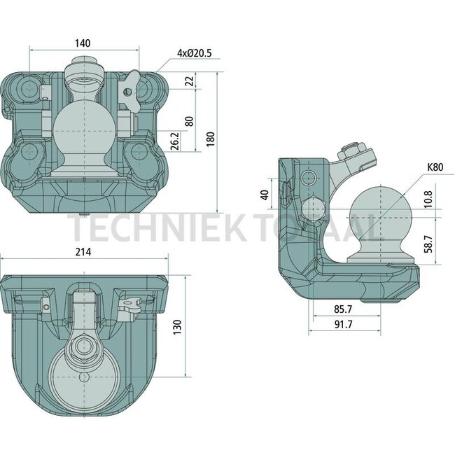 Scharmüller Ball hitch ball 80, 140 x 80 mm, M20, 4 holes, pivoting range 40°