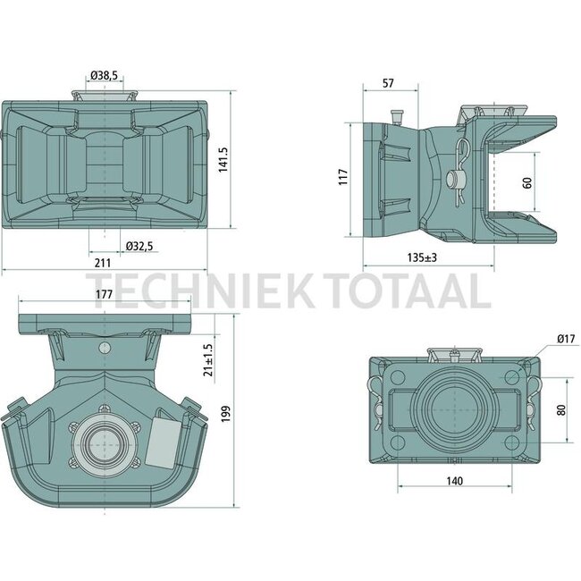 Scharmüller Zugmaul Manuell, Bolzen 38 mm, Lochbild 140 x 80 mm, 82,4 kN