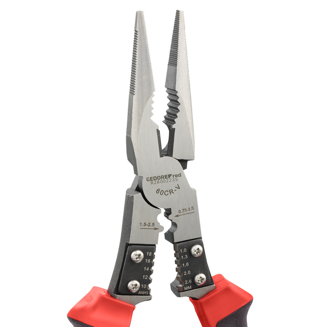 Gedore RED Multi needle-nose pliers 9" 235 mm - cuts wire up to 2 mm, crimps 0.5-2.5 mm², strips 1-2.6 mm, 2C handle - R28002235