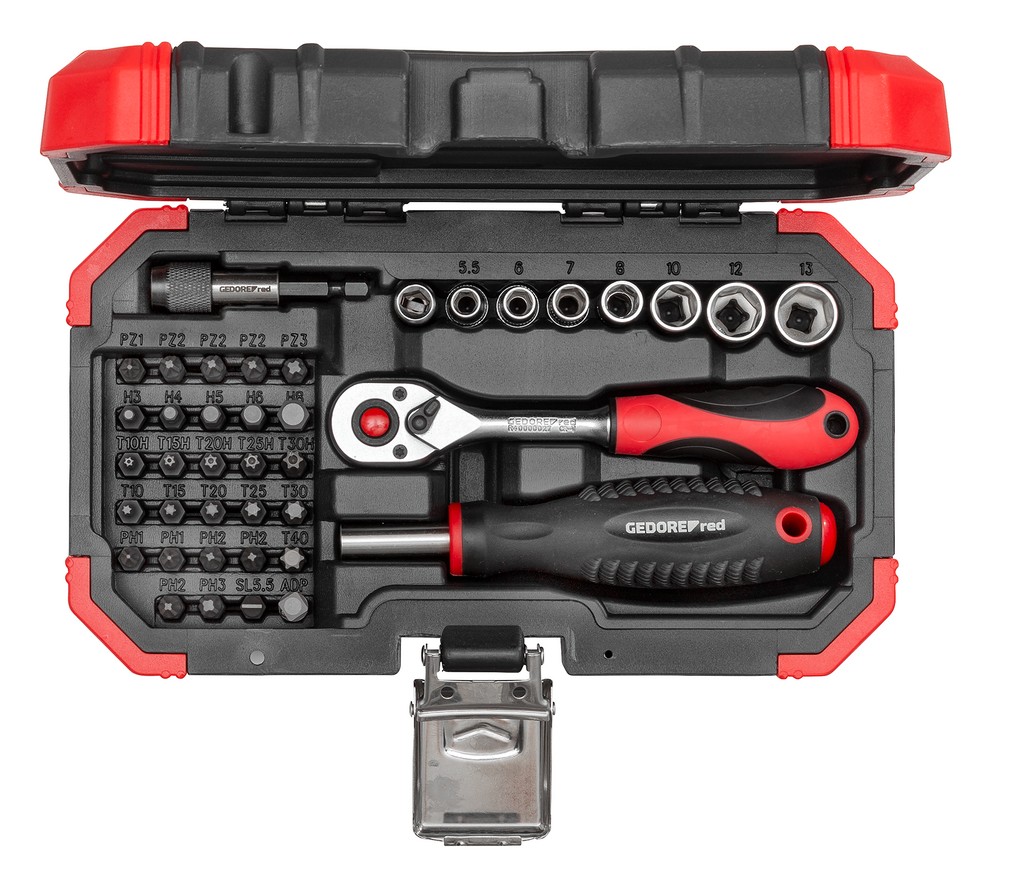 Gedore RED Bitset 1/4" 40-delig - omschakelbare ratel, doppen 5,5-13 mm, magnetische bitschroevendraaier, 28 bits, box - R33003040