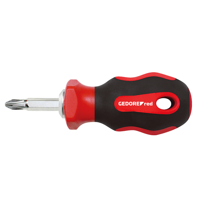 Gedore RED Stubby-Schraubendreher 2-in-1 mit Doppelbit SL 6 / PH 2, 93 mm, Kugelarretierung, 2K-Griff - R38002002