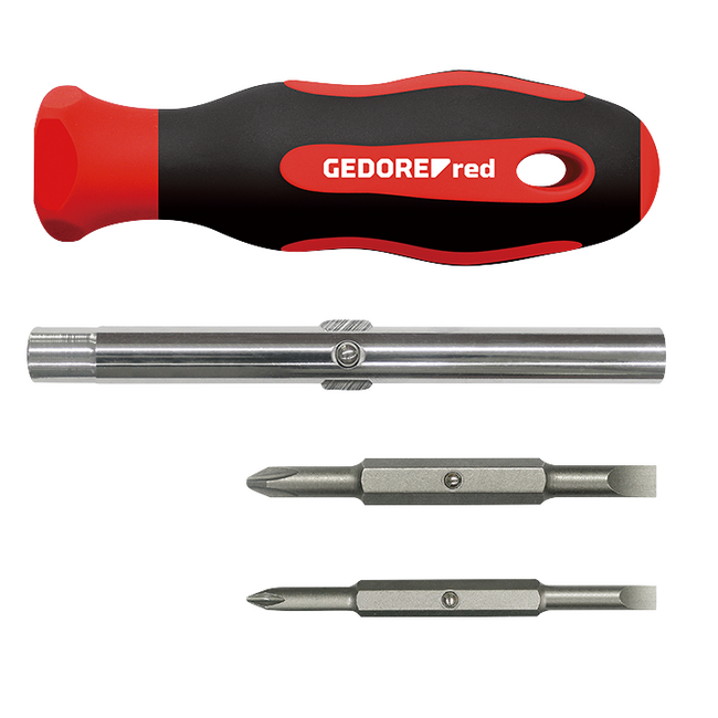 Gedore RED Precisie-bitschroevendraaier 4-in-1 met dubbelbits PH 00 / SL 1,5 en PH 0 / SL 3, 170 mm, 2C-greep - R38002004