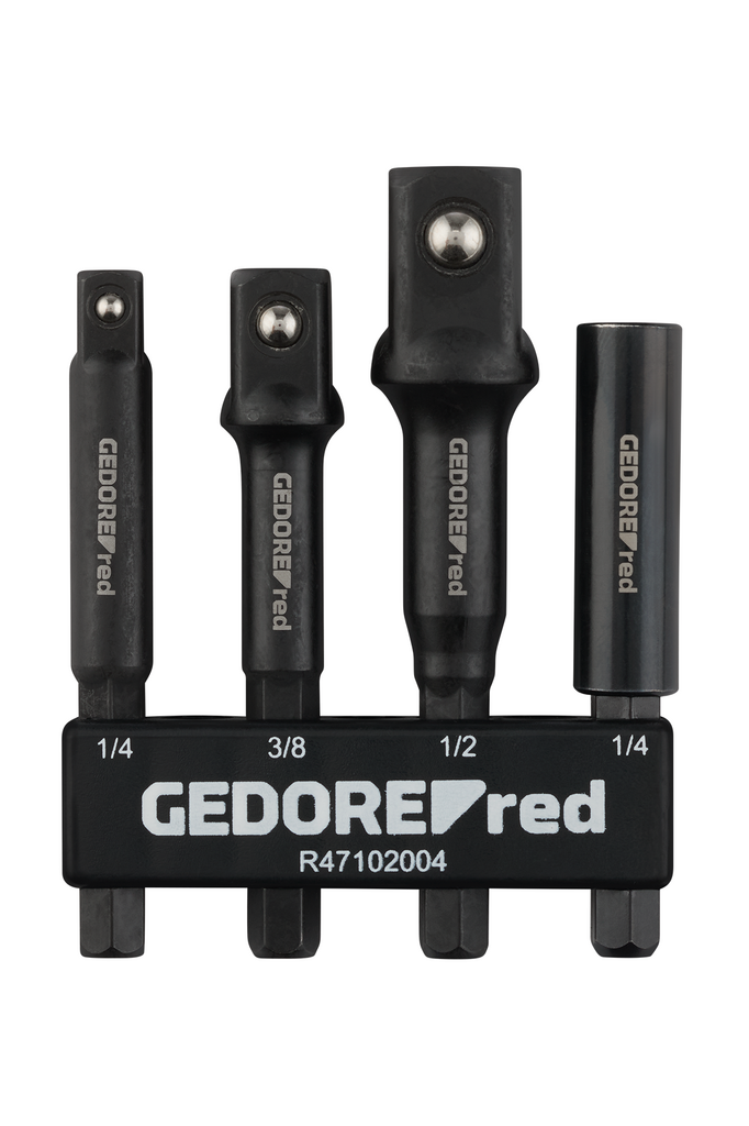 Gedore RED Adapterset 4-delig - dopadapters 1/4", 3/8" en 1/2" en magnetische bithouder 1/4", chroom-vanadium - R47102004