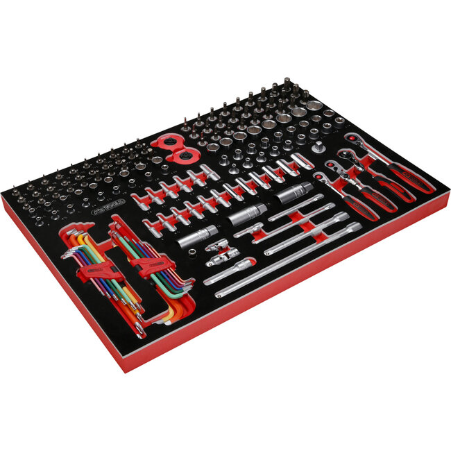 KS Tools 1/4" + 3/8" dopsleutelset in schuiminlay, 156-delig - PERFORMANCEplus maat M (568 x 398 mm) - 811.0156