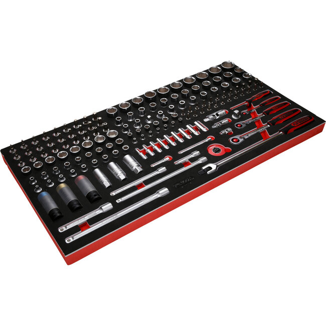 KS Tools 1/4" + 3/8" + 1/2" dopsleutelset in schuiminlay, 156-delig - PERFORMANCEplus maat L (755 x 398 mm) - 813.0156