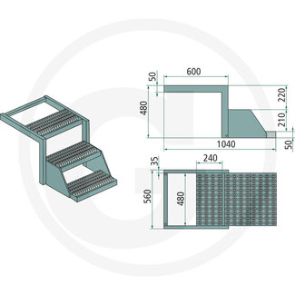 Folding step galvanized, extendable bracket, 560 x 480 x 1040 mm