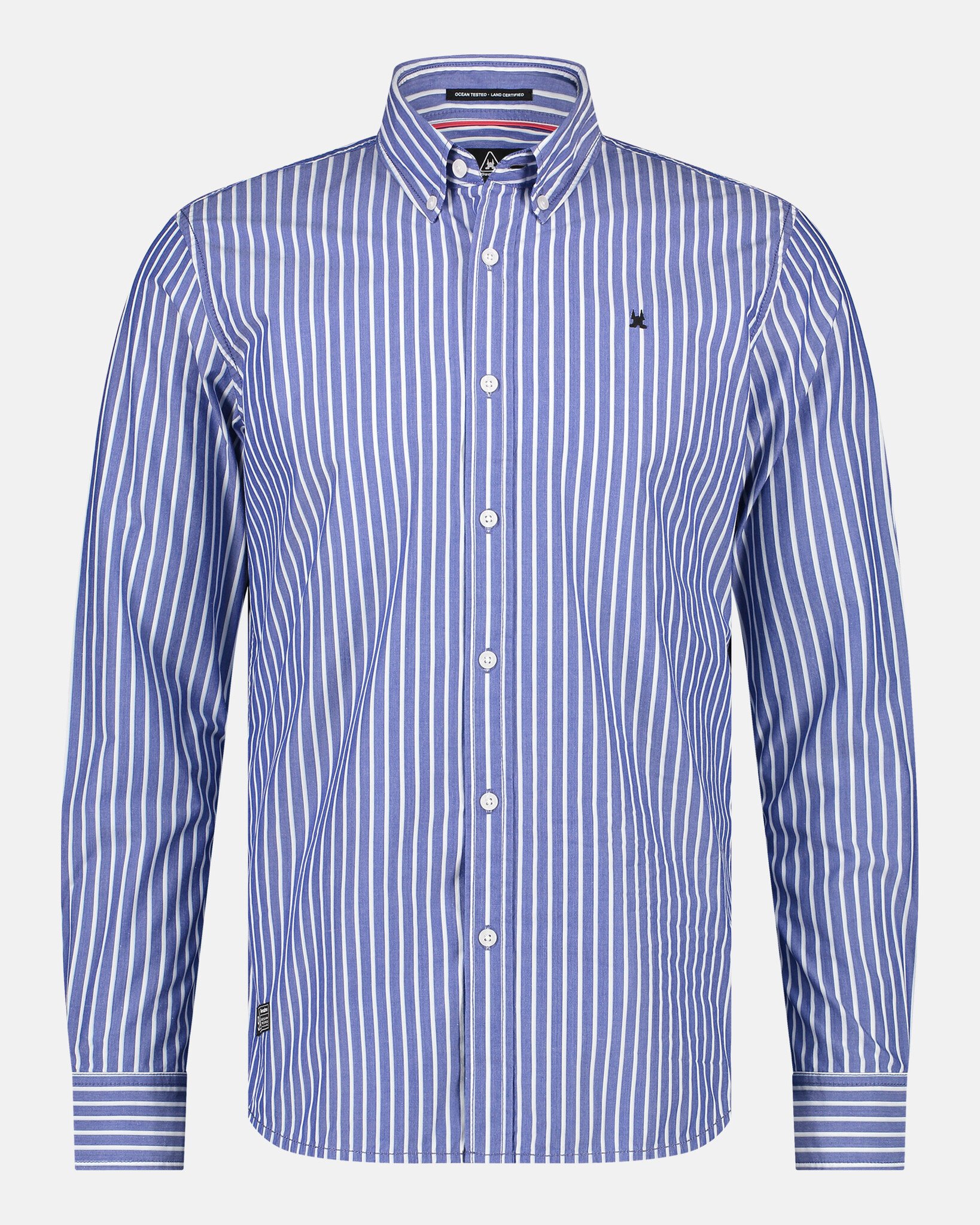 Regular fit 100% cotton, high dense poplin yarn dyed stripe shirt with button-down collar and tonal embroidered trademark logo