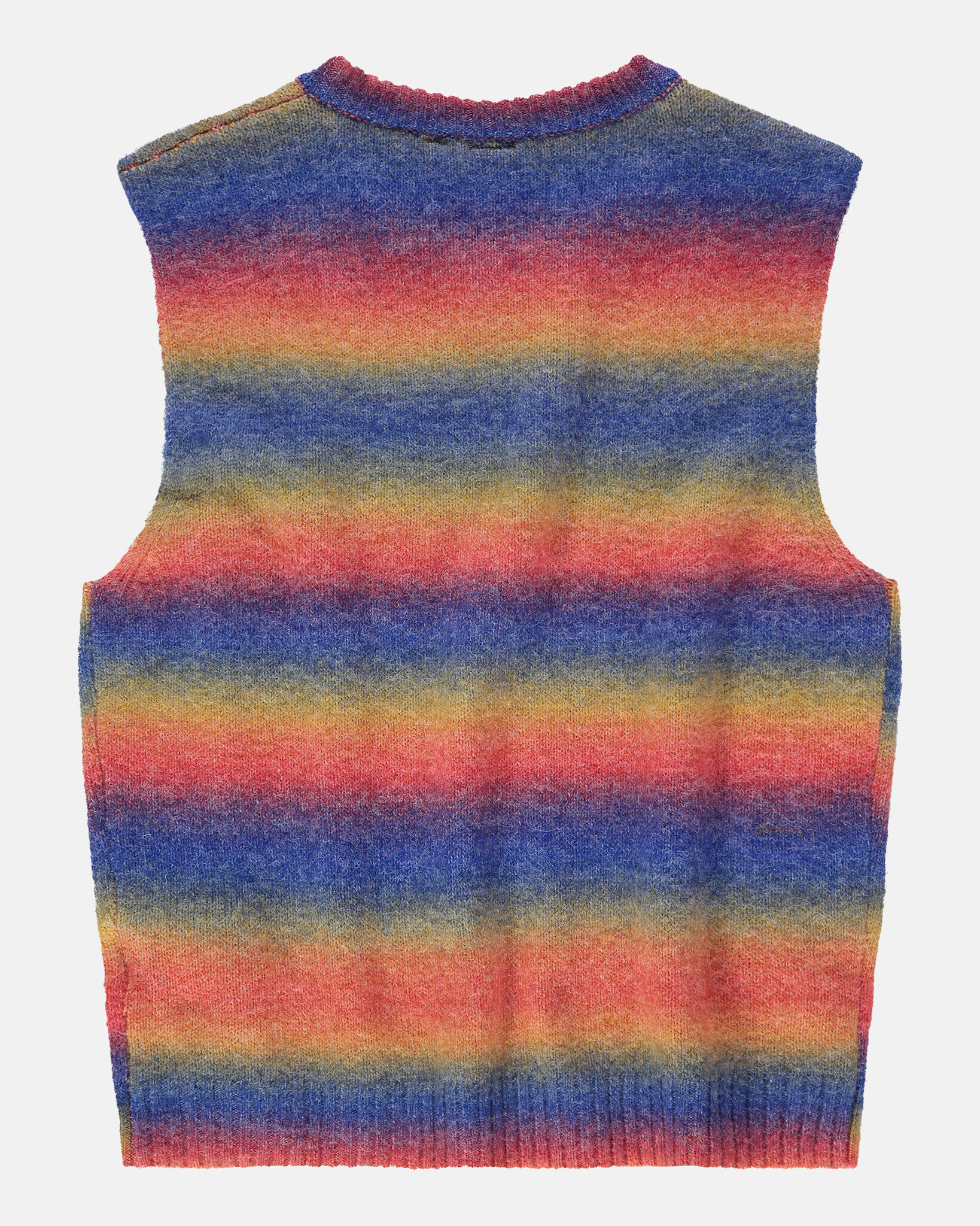 Colorful knitted spencer with gradient stripped pattern and buttons on right shoulder