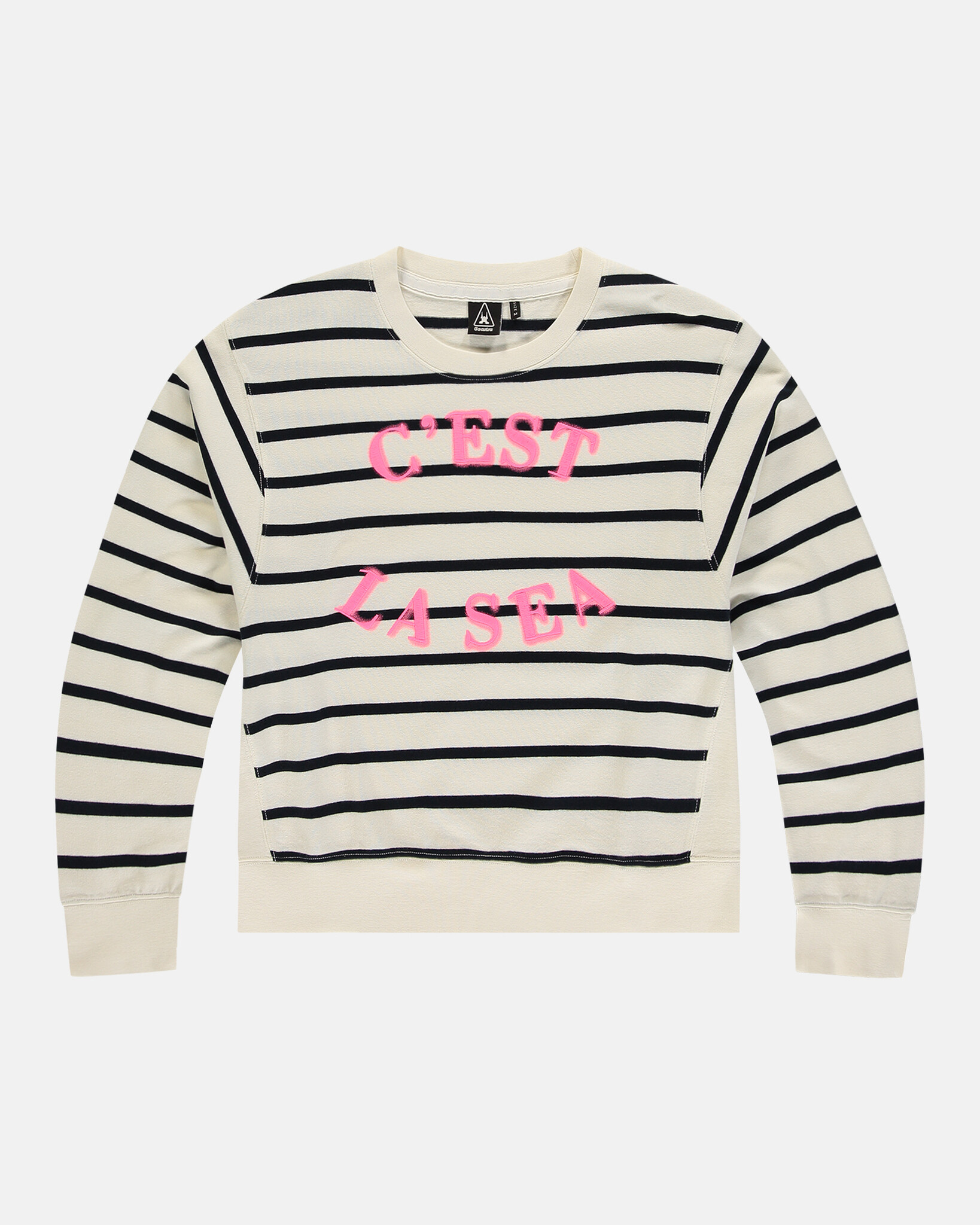 yarn dyed stripe heavy jersey round neck sweater with dropped shoulders and eye catching artwork