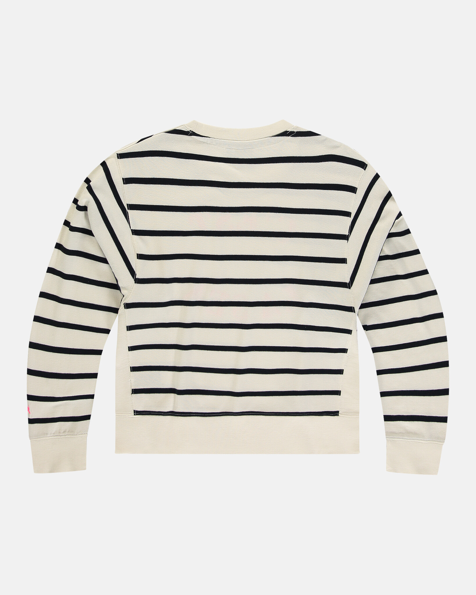 yarn dyed stripe heavy jersey round neck sweater with dropped shoulders and eye catching artwork