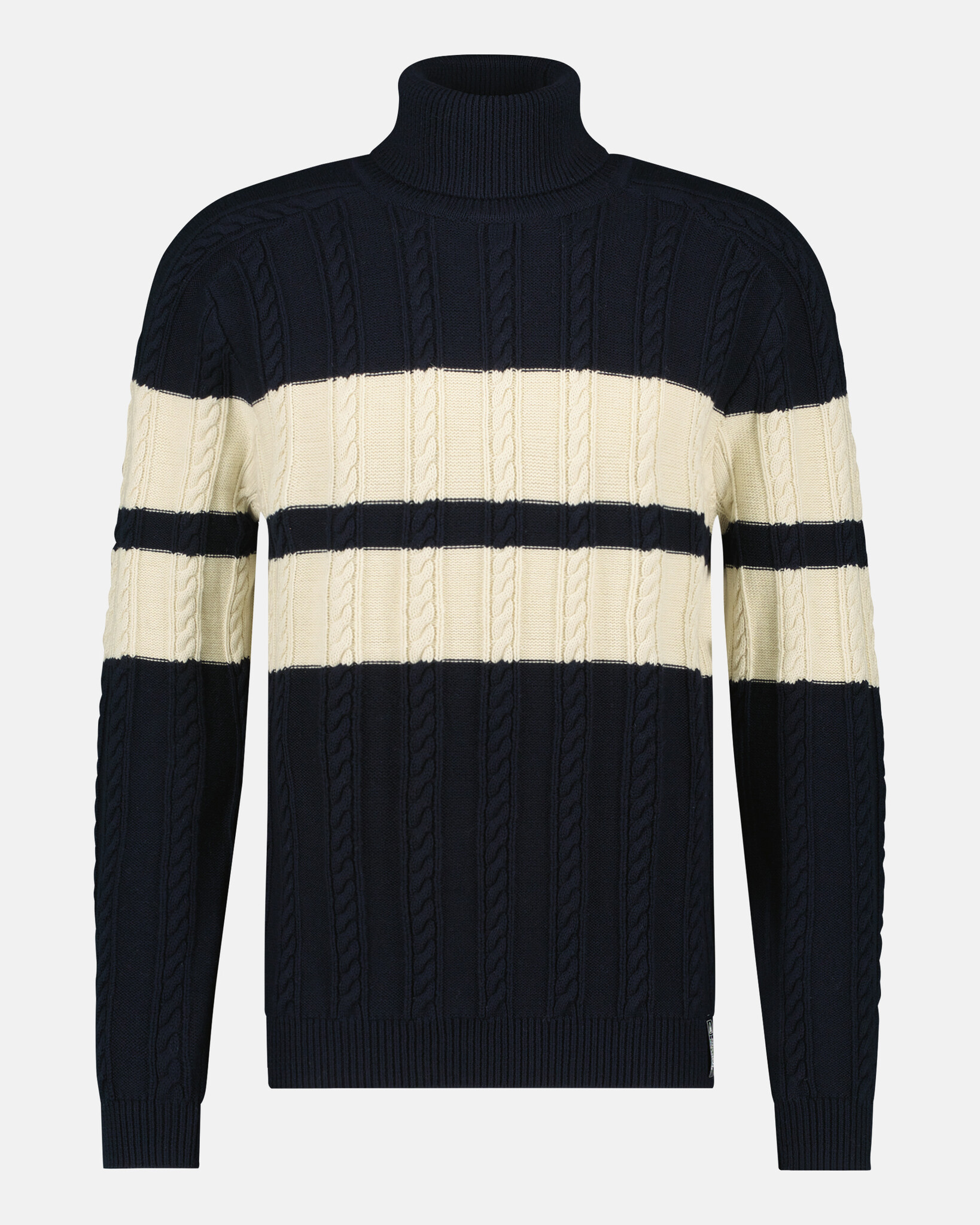 Merino wool blend, Roll neck cable-knit striped pullover