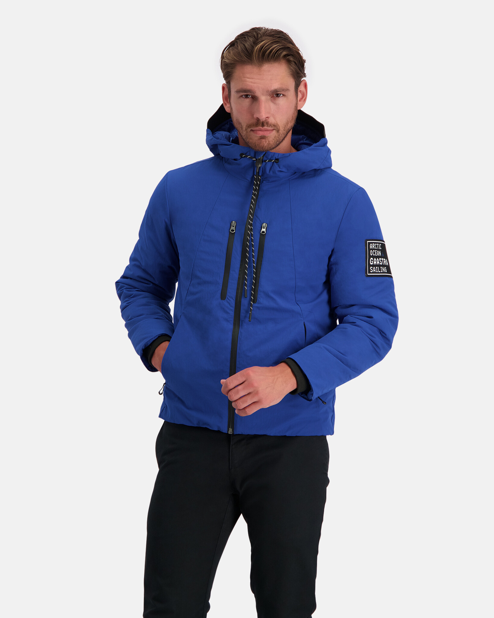 Jacket with fixed hood made of water repellent nylon crinkle fabric with REPREVE® padding