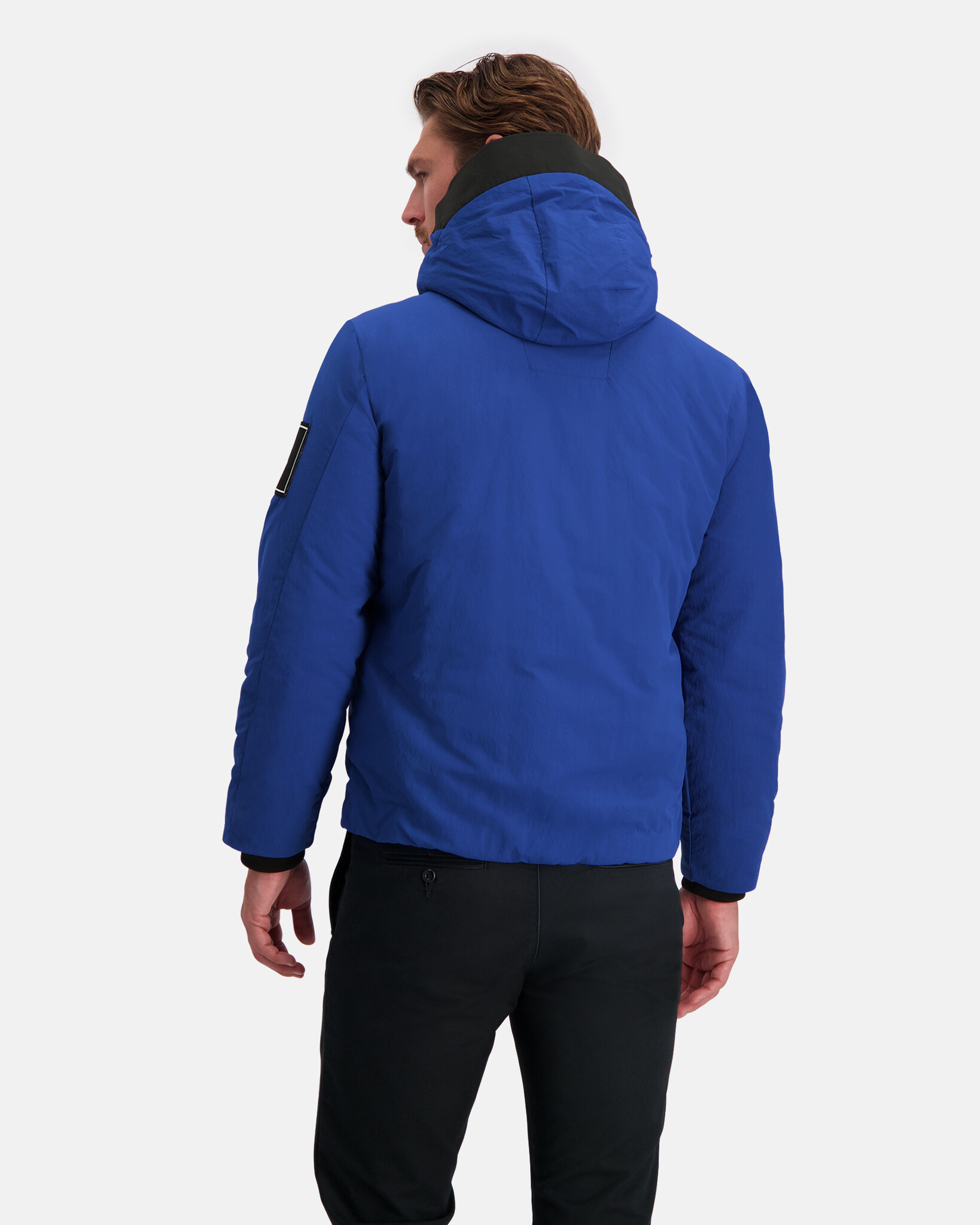 Jacket with fixed hood made of water repellent nylon crinkle fabric with REPREVE® padding