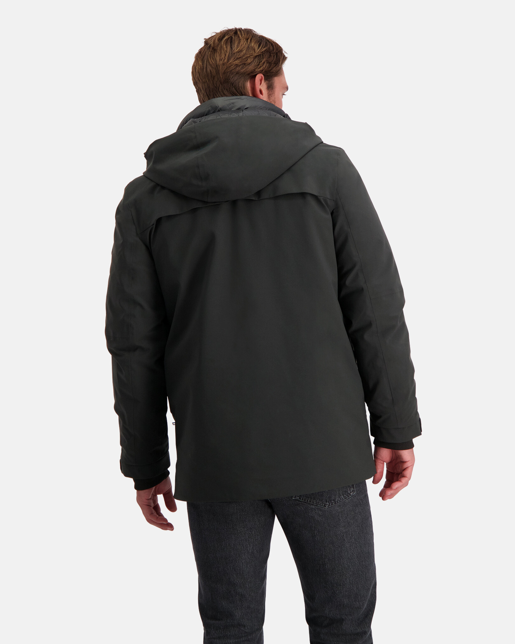 Waterproof jacket with fixed hood, 2layer mechanical stretch fabric, taped seams and REPREVE® padding