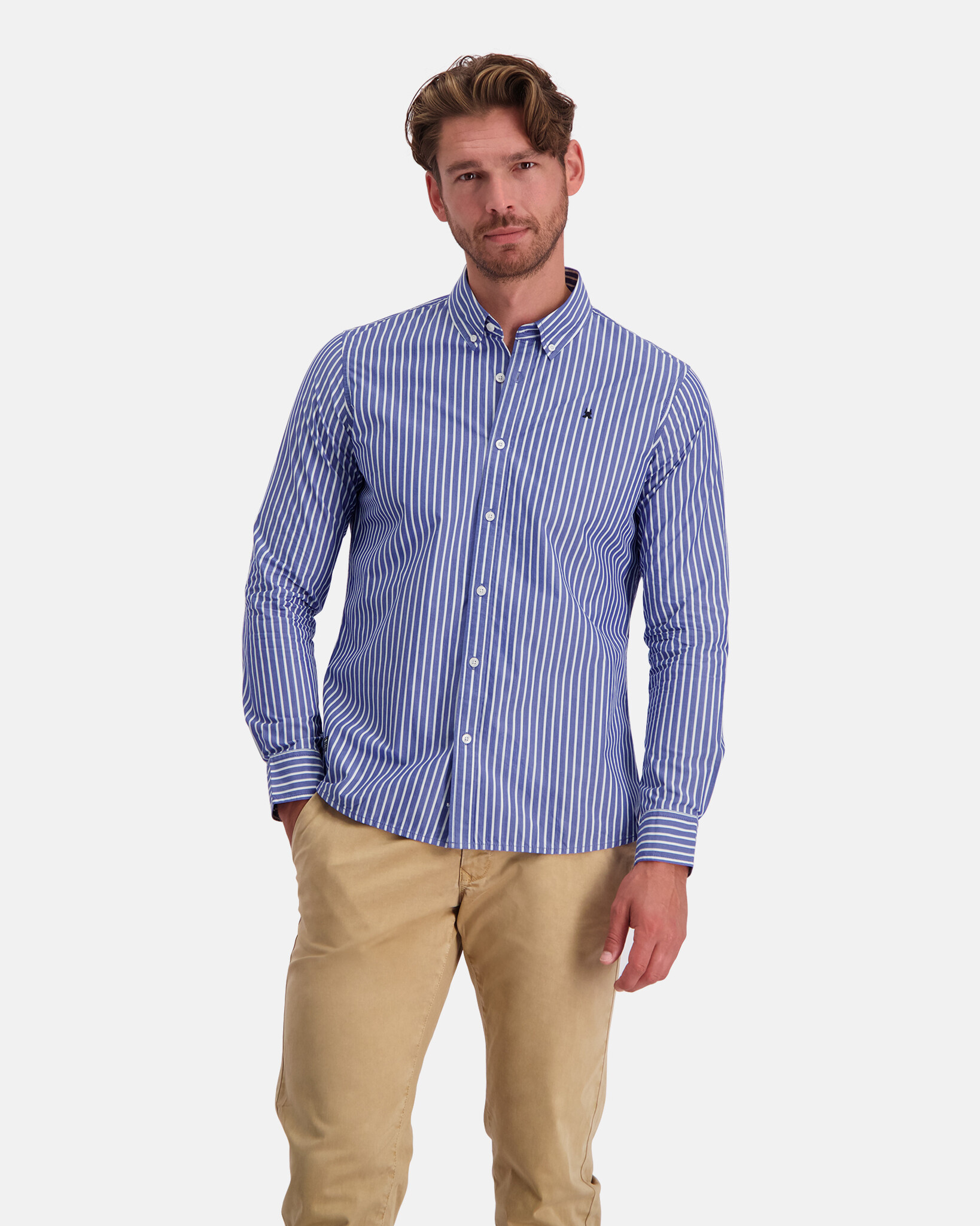 Regular fit 100% cotton, high dense poplin yarn dyed stripe shirt with button-down collar and tonal embroidered trademark logo
