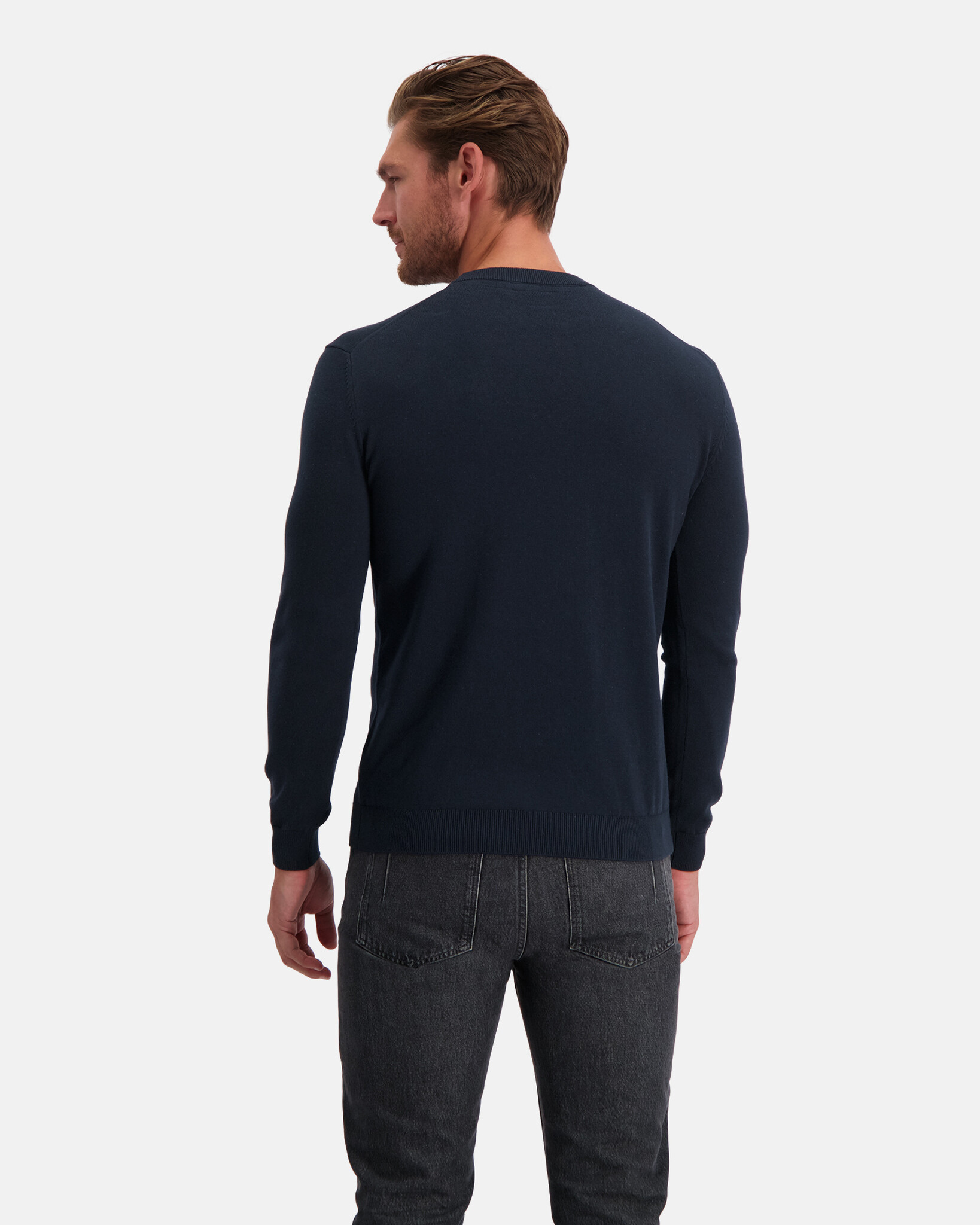 Round neck fine cotton silk blend pullover with tonal trademark tower logo on chest