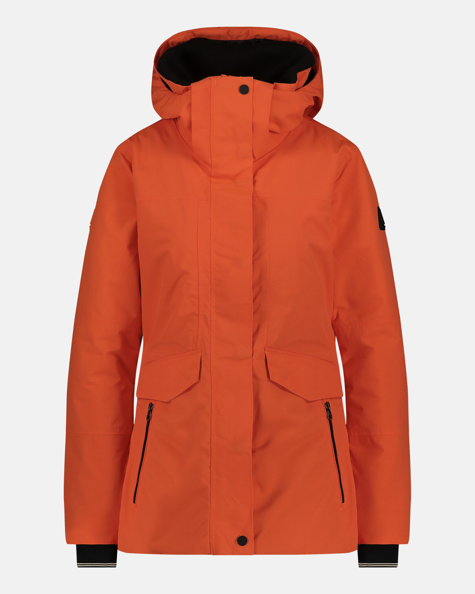 Waterproof Mid Length Jacket  developed with a technical 2-layer fabric, detachable hood and REPREVE® padding