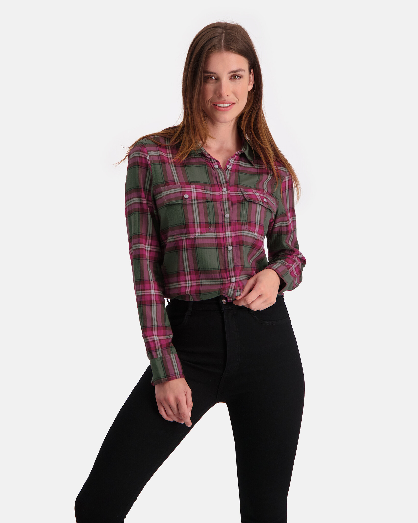 Womens Regular fit 100% cotton herringbone, yarn dyed check shirt with two chest pockets and bias cut yoke