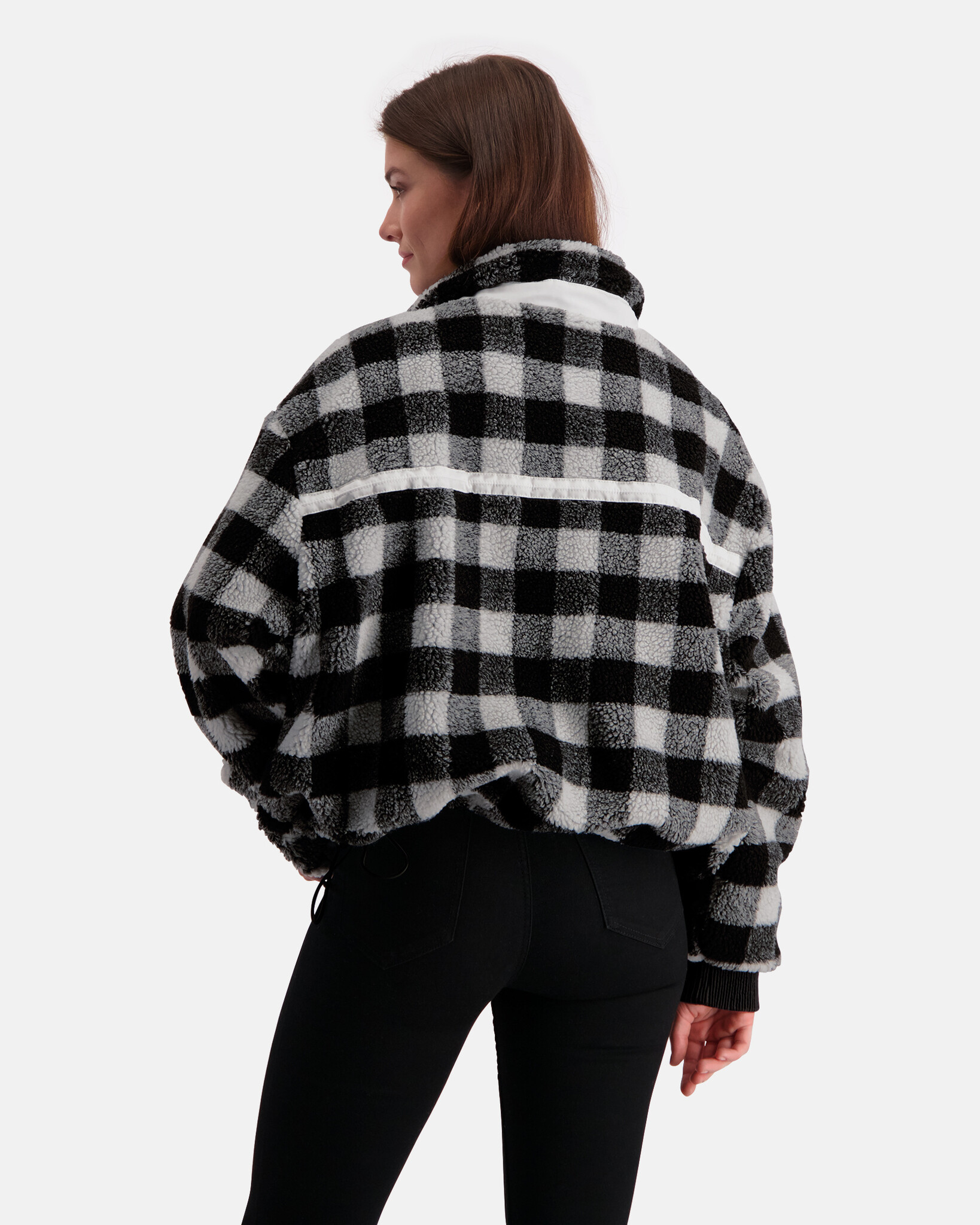 Oversized teddy fleece check jacket with windbreaker and nylon canvas detail