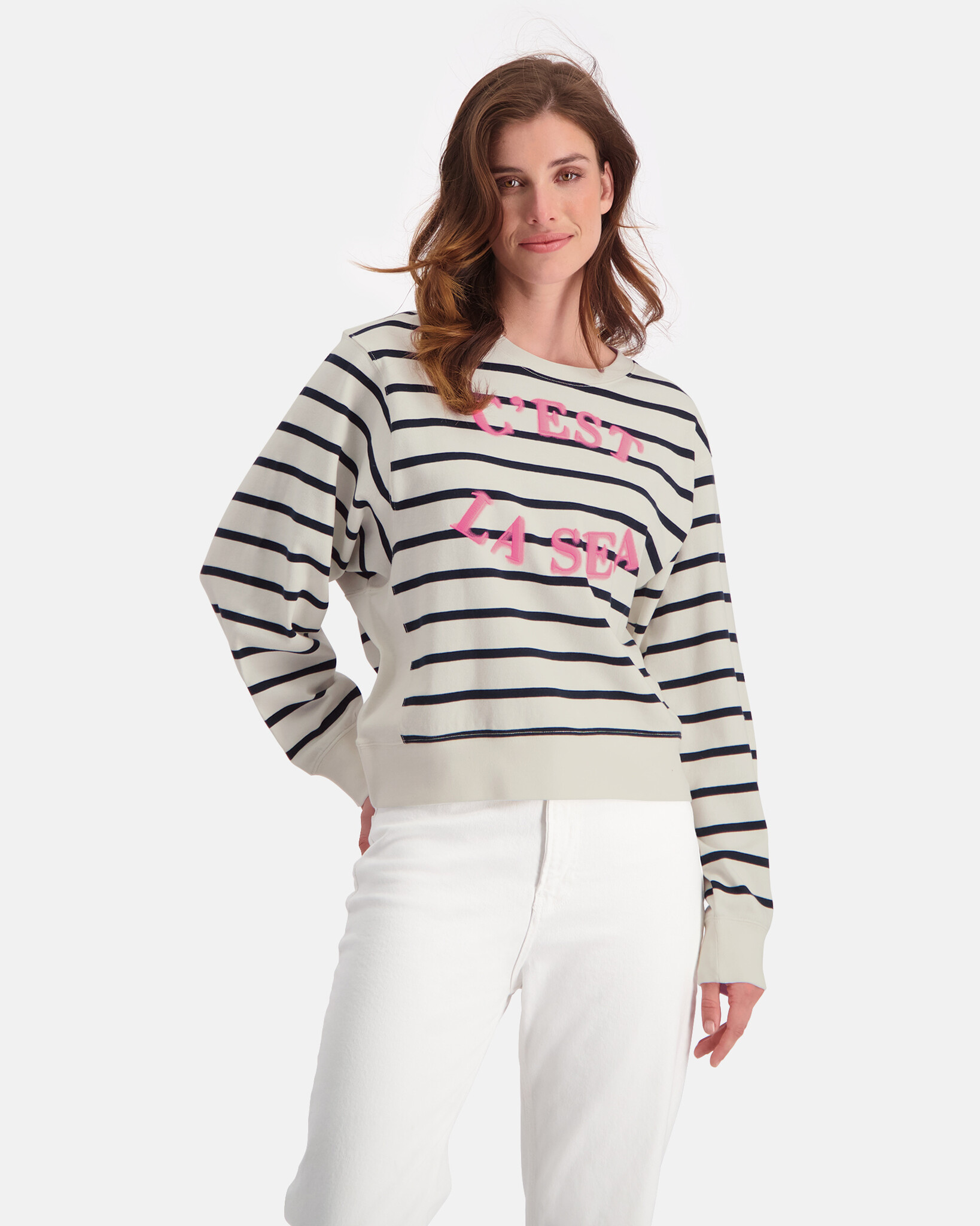 yarn dyed stripe heavy jersey round neck sweater with dropped shoulders and eye catching artwork