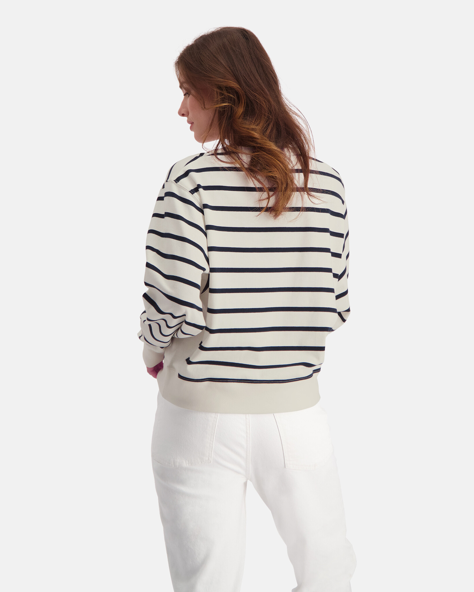 yarn dyed stripe heavy jersey round neck sweater with dropped shoulders and eye catching artwork