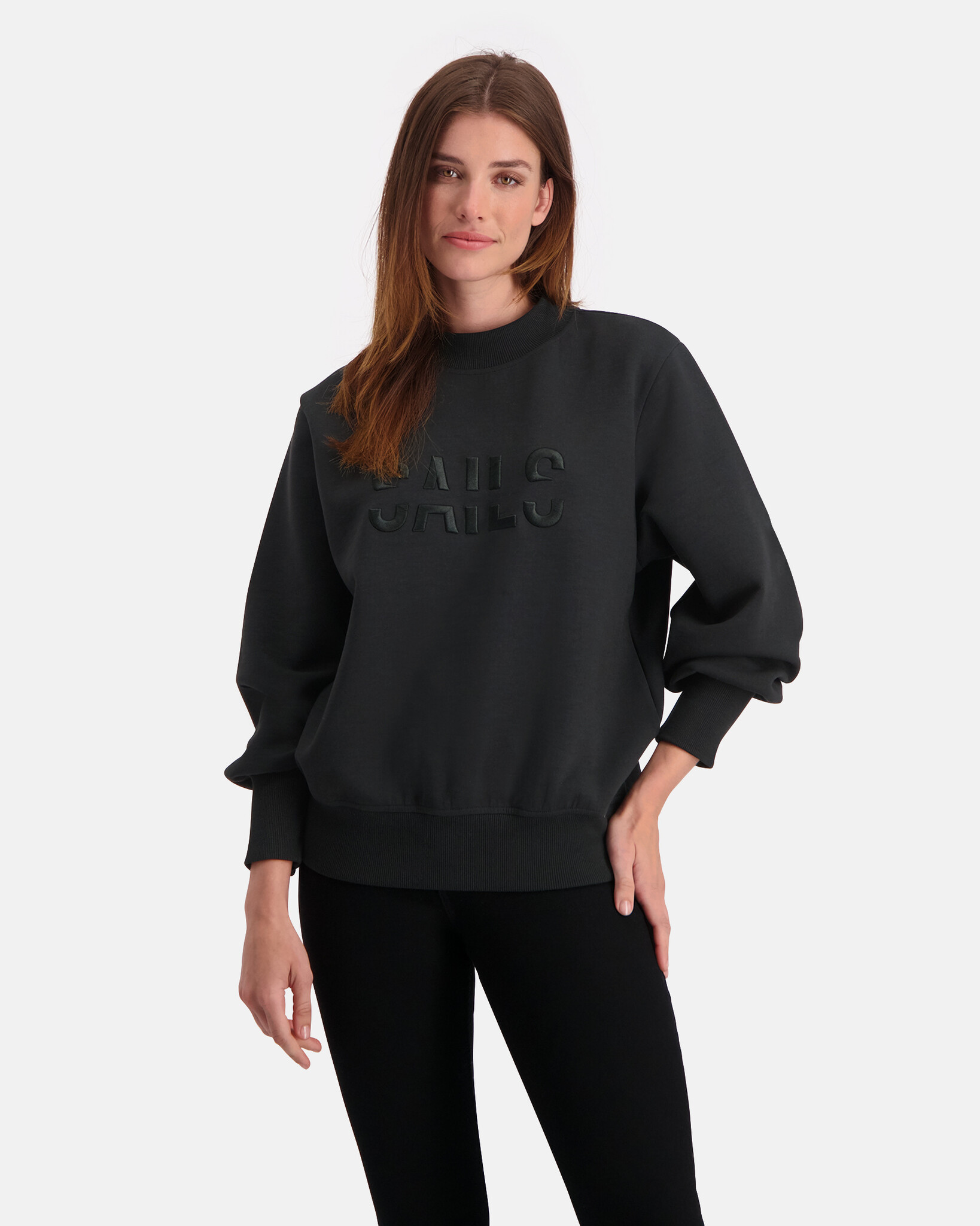 Mock neck sweater with puff sleeve and embroidered artwork on chest