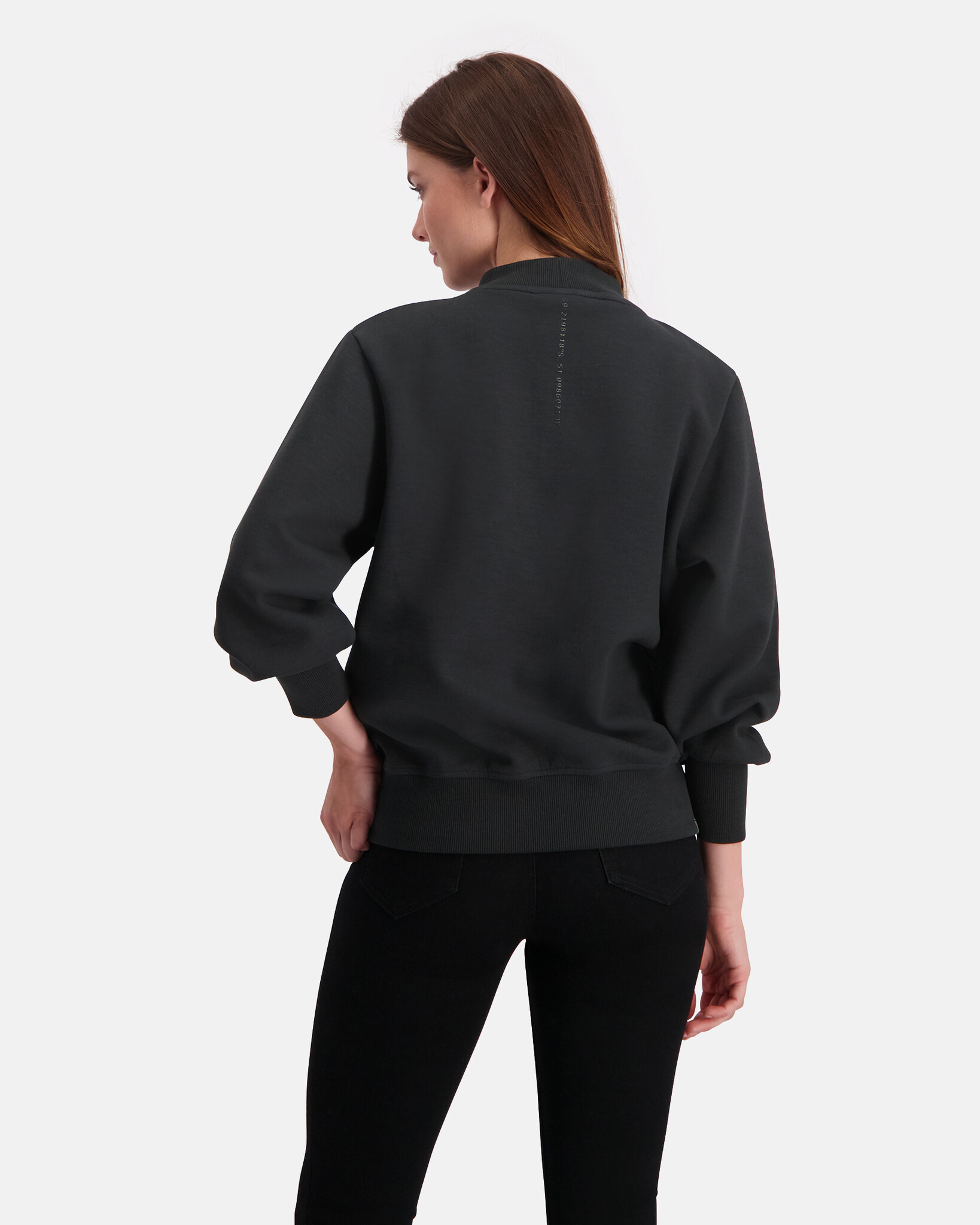 Mock neck sweater with puff sleeve and embroidered artwork on chest