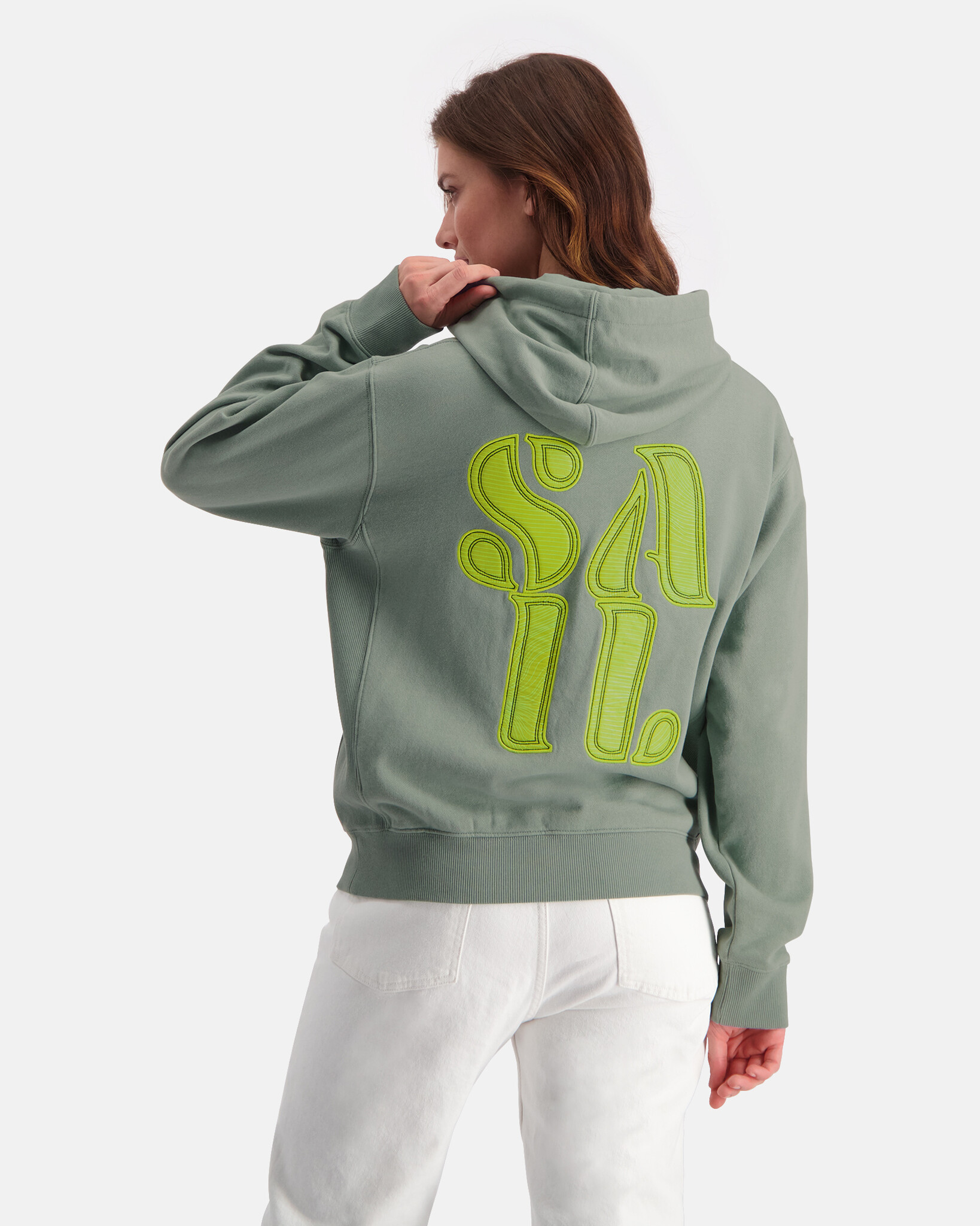 Hooded sweater with dropped shoulders and artwork on back