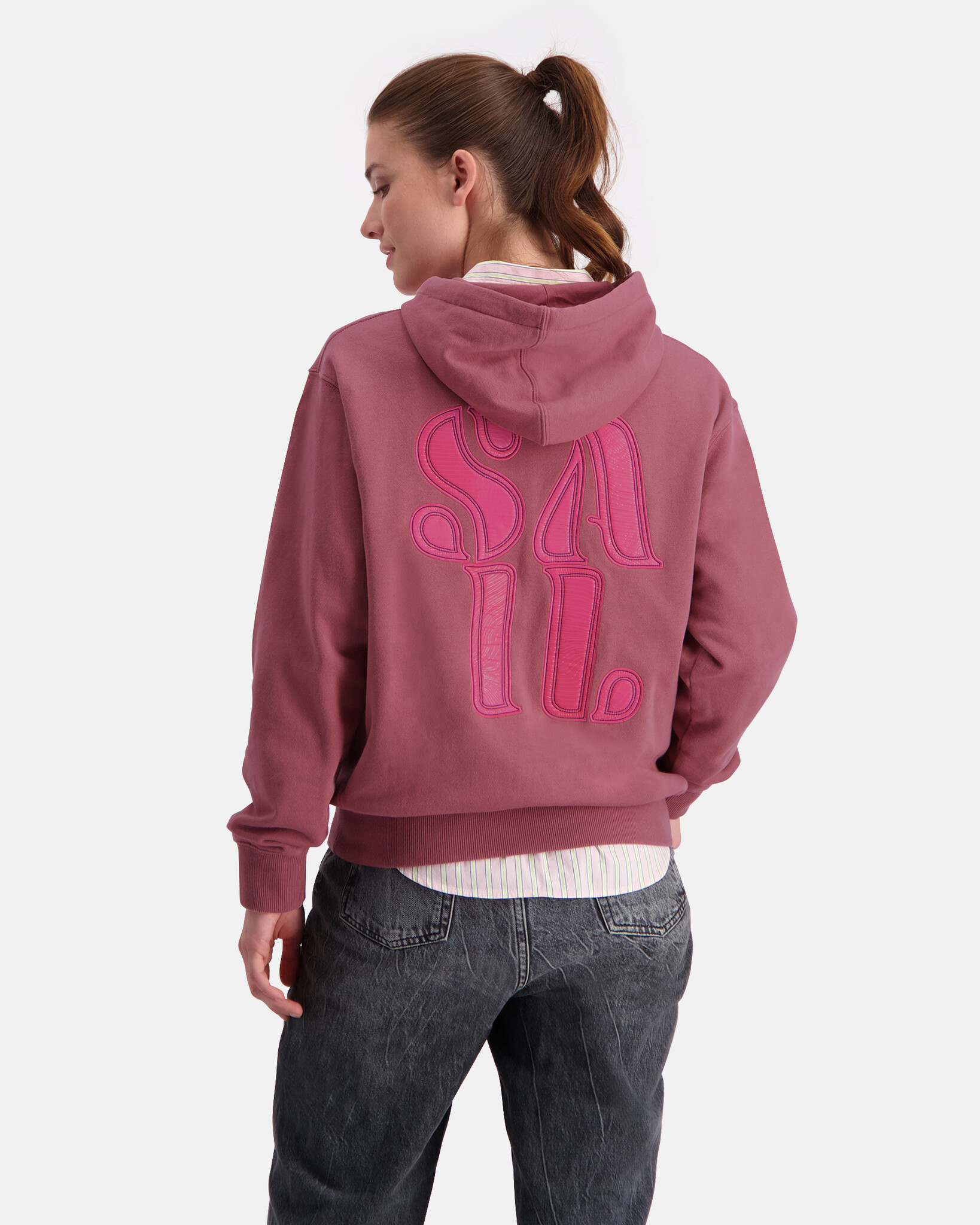 Hooded sweater with dropped shoulders and artwork on back