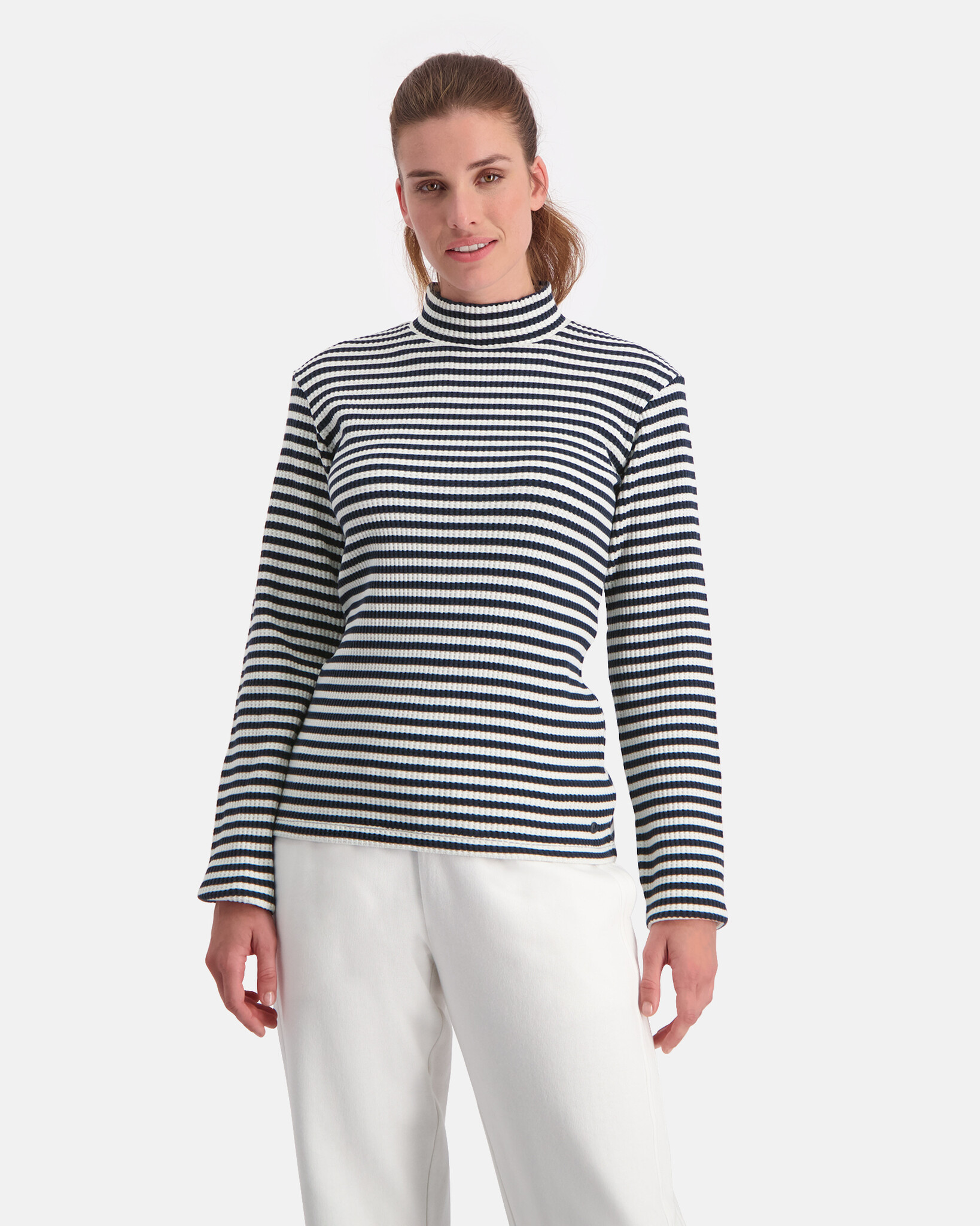 Slim fit turtle neck long sleeve made from yarn dyed stripped waffle fabric