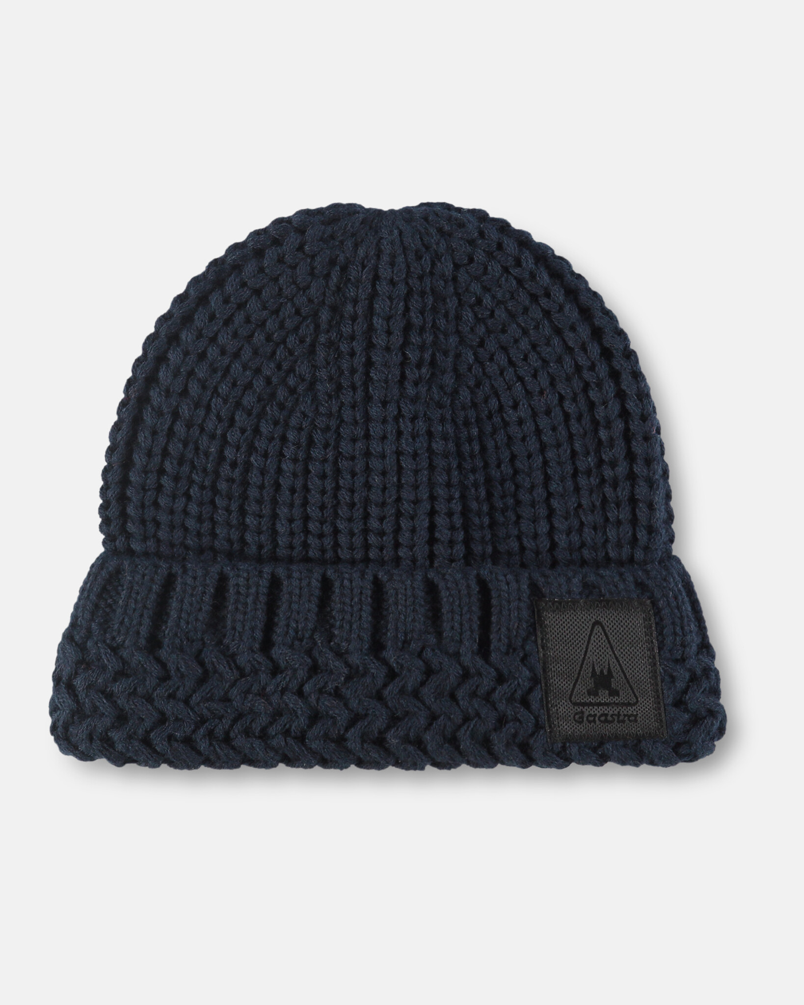 Heavy knitted beanie made from sustainable Polylana® fiber mix with trademark logo