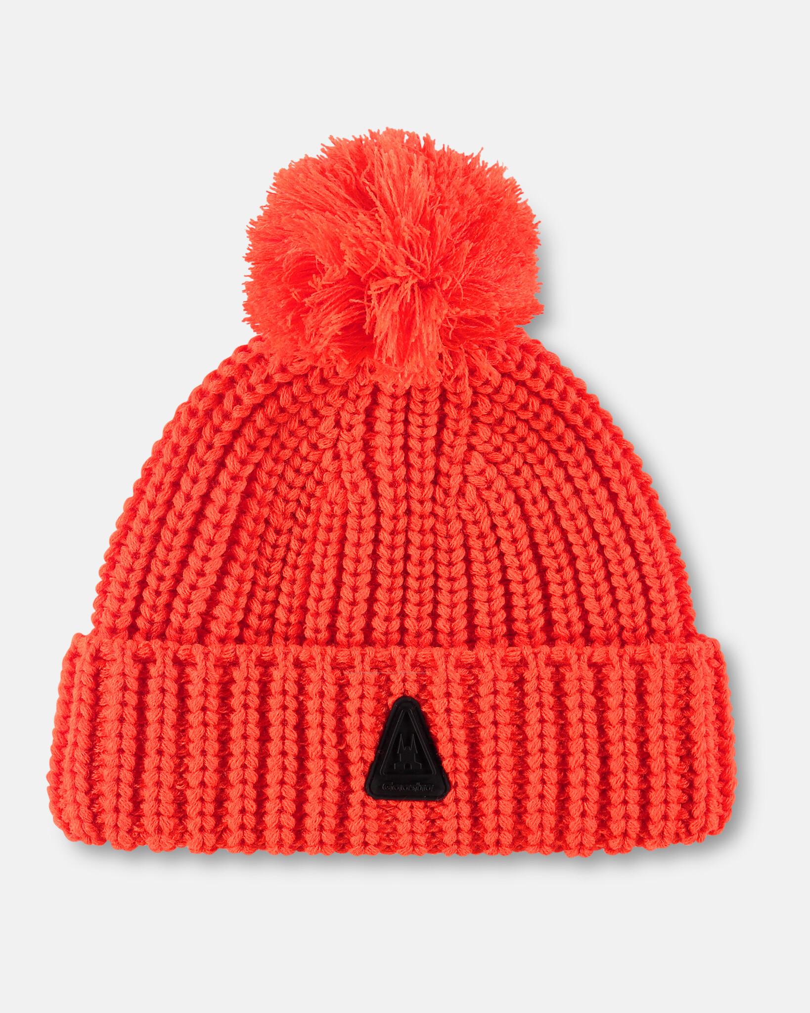 Heavy knitted pom pom beanie made from sustainable Polylana® fiber mix with trademark logo