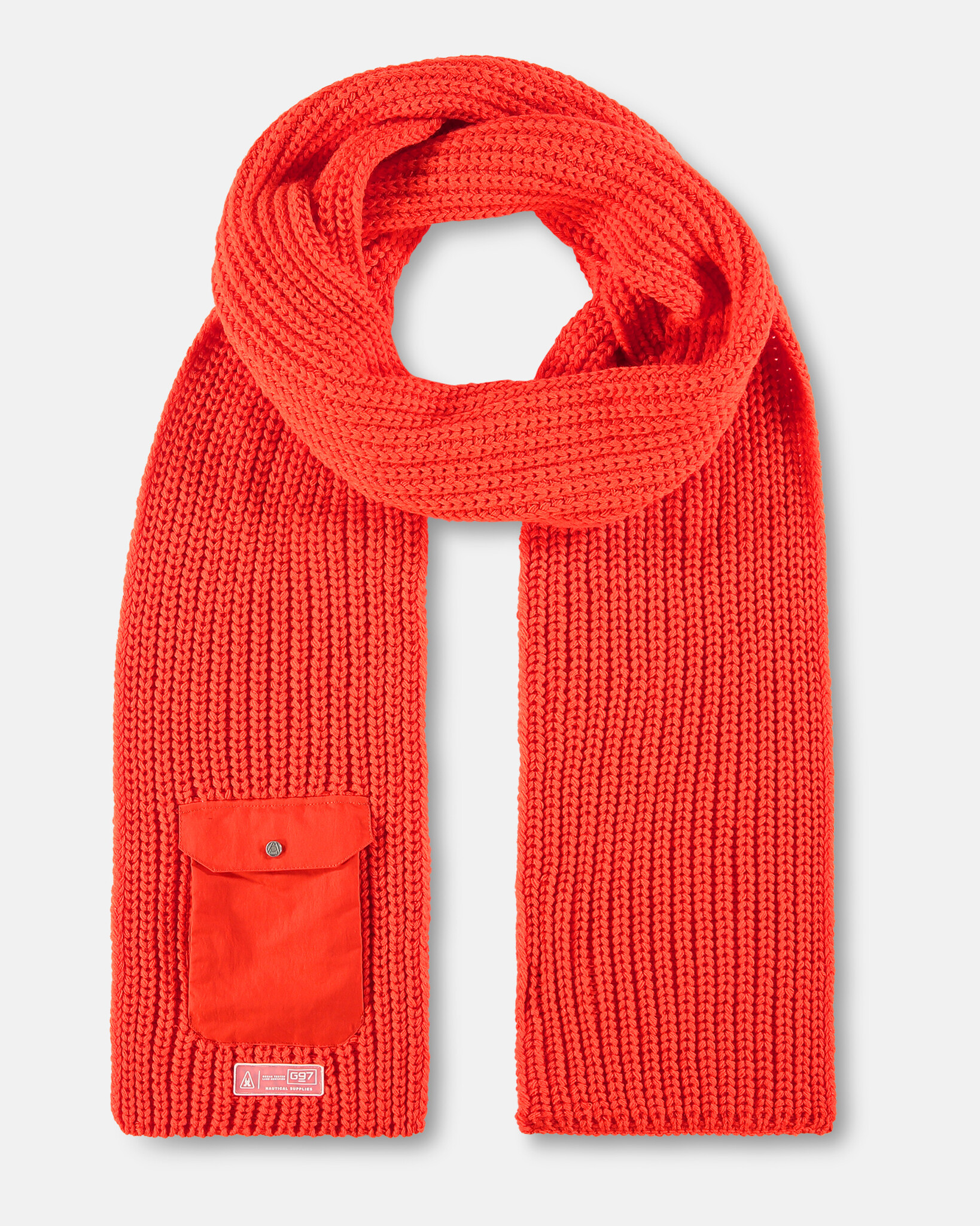 Heavy knitted long scarf buttoned with nylon canvas tonal pocket made from sustainable Polylana® fiber mix