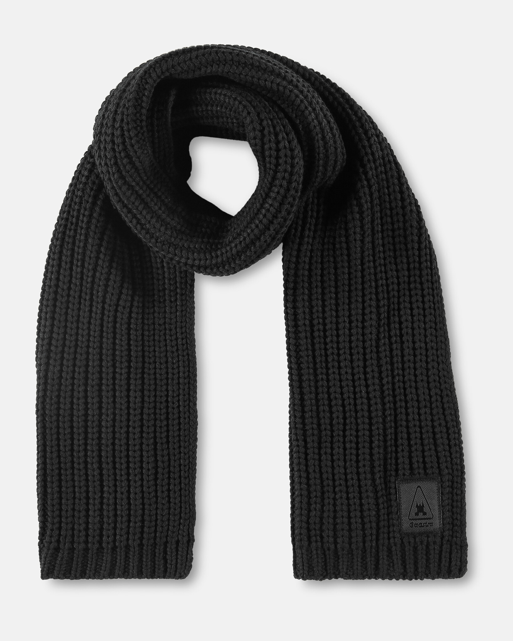 Heavy knitted yarn dyed scarf made from sustainable Polylana® fiber mix with trademark logo