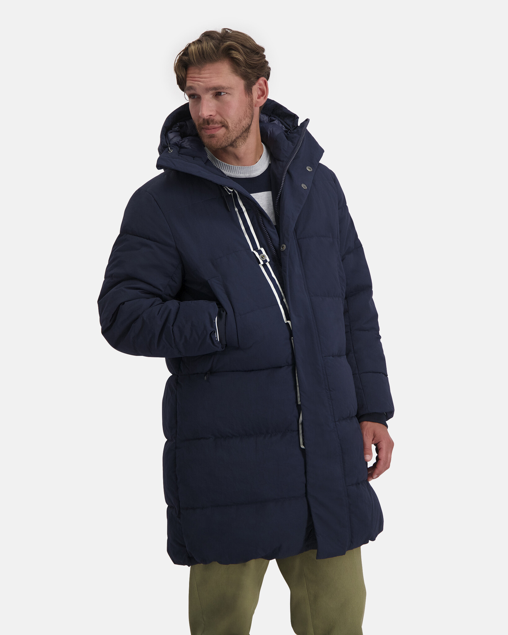 Long Puffer Jacket with fixed hood made of water repellent nylon crinkle fabric with REPREVE® filling