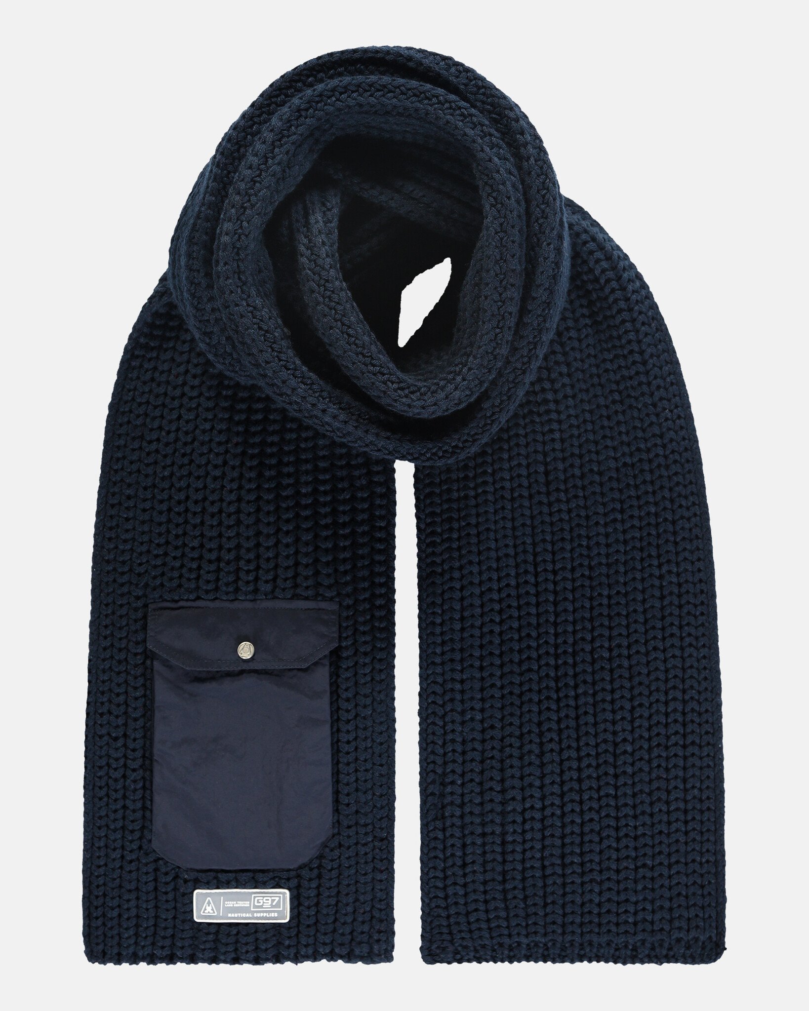 Heavy knitted long scarf buttoned with nylon canvas tonal pocket made from sustainable Polylana® fiber mix