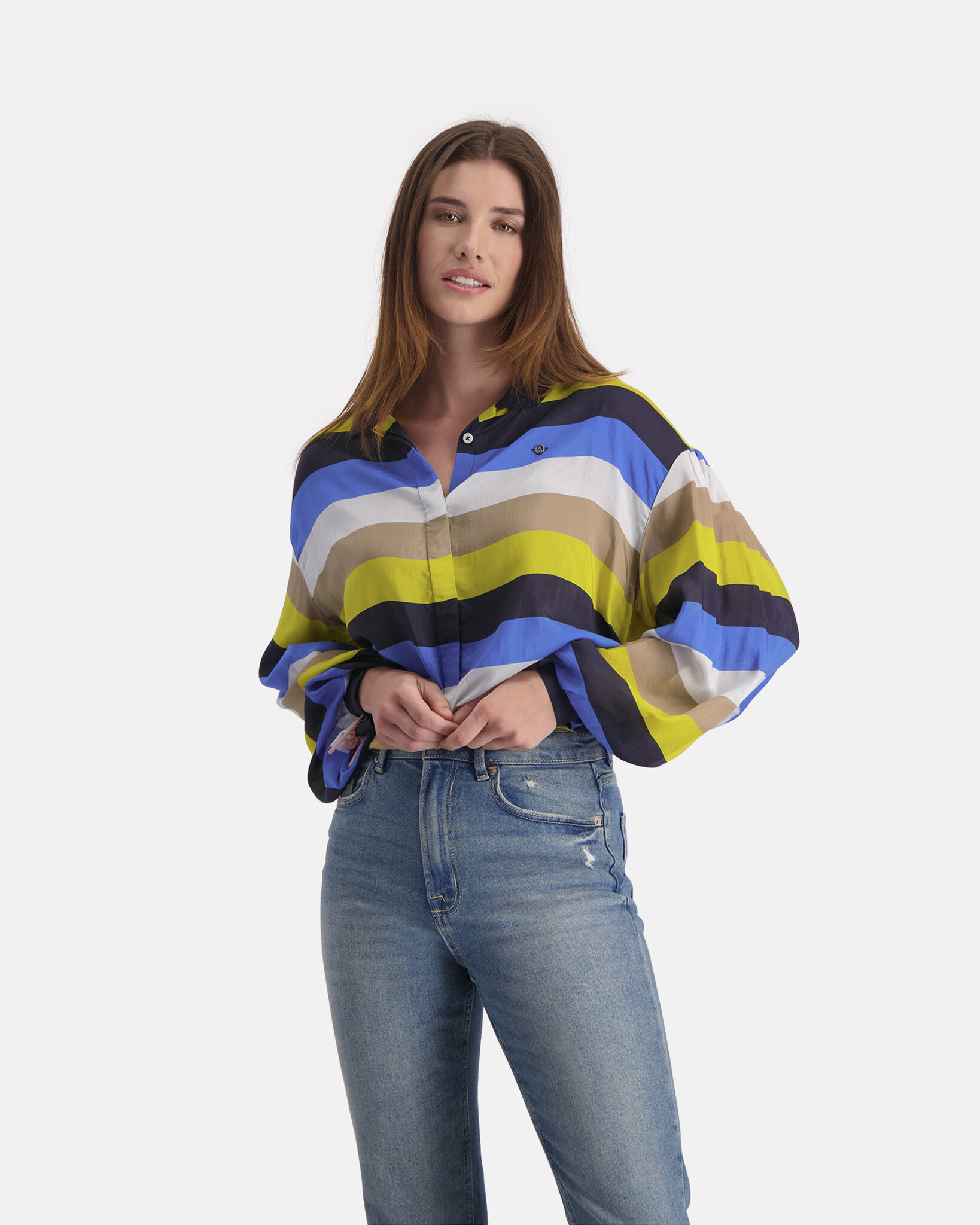 Loose fit multi stripe blouse with lantern sleeves and blind closure