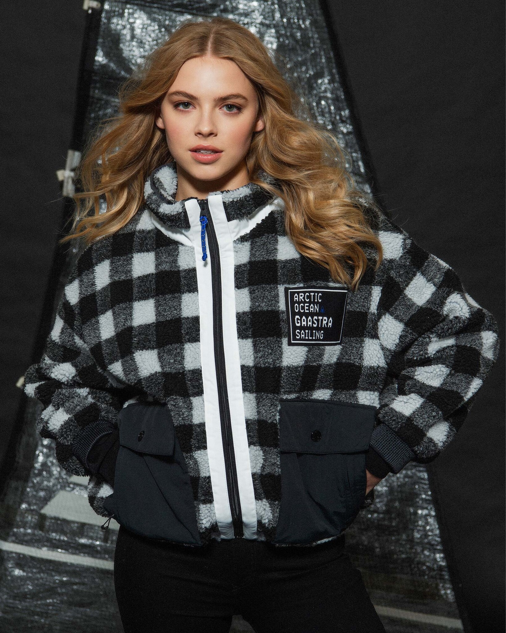 Oversized teddy fleece check jacket with windbreaker and nylon canvas detail