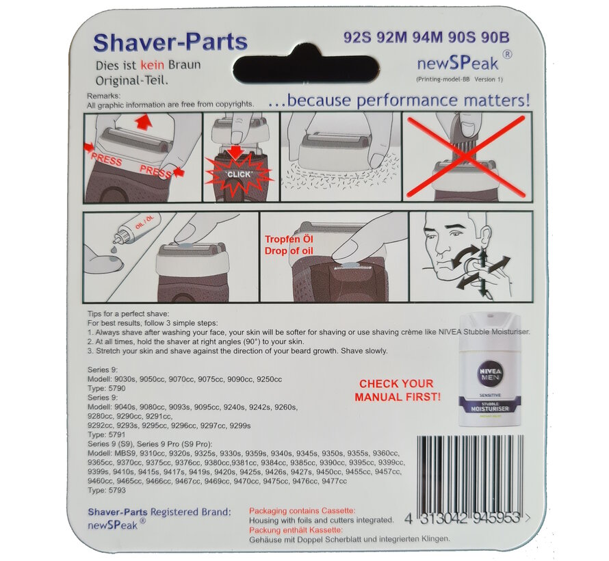 Universele Scheerblad - Scheercassette voor de BRAUN 92S / 92M / 94M/ 90S / 90B, SERIES 9