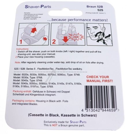 Huismerk Universeel Scheerblad Series 5 52B black Cassette series 5 Huismerk Universeel Scheerblad Series 5 52B black Cassette series 5