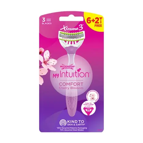 Wilkinson Wilkinson Xtreme 3 Comfort Cherry Blossom Wegwerpscheermesjes - Verpakking van 8 Wilkinson Wilkinson Xtreme 3 Comfort Cherry Blossom Wegwerpscheermesjes - Verpakking van 8