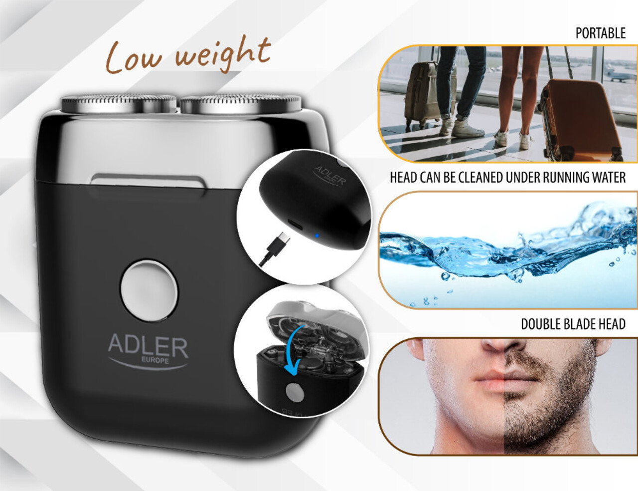Adler Adler AD 2936 Reisscheerapparaat - USB 2 Koppen Adler Adler AD 2936 Reisscheerapparaat - USB 2 Koppen