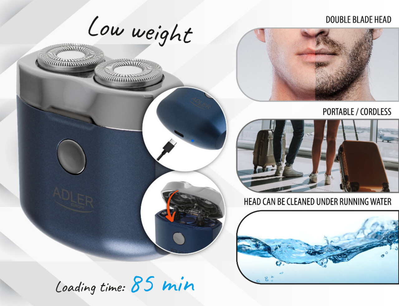 Adler Adler AD 2937 Reisscheerapparaat - USB 2 Koppen Adler Adler AD 2937 Reisscheerapparaat - USB 2 Koppen